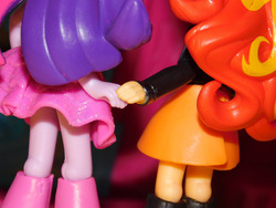 Size: 1280x960 | Tagged: safe, artist:bitterbuttercups, sunset shimmer, twilight sparkle, equestria girls, g4, boots, clothes, doll, dress, equestria girls minis, eqventures of the minis, fall formal outfits, female, high heel boots, holding hands, lesbian, ship:sunsetsparkle, shipping, skirt, toy, twilight ball dress