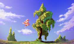 Size: 2000x1200 | Tagged: safe, artist:freeedon, fluttershy, pony, g4, basket, female, flying, looking at something, scenery, sky, solo, spread wings, tree