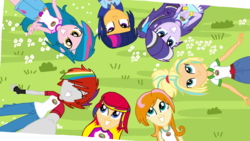 Size: 800x450 | Tagged: safe, artist:mlprocker123, oc, oc only, oc:butterfly drums, oc:cider beats, oc:elegant harmony, oc:hybrid blast, oc:lightning pie, oc:nova star sparkle, oc:sassy sunrise, equestria girls, g4, my little pony equestria girls: legend of everfree, clothes, fingerless gloves, gloves, grin, offspring, parent:applejack, parent:brawly beats, parent:crimson napalm, parent:flash sentry, parent:fluttershy, parent:pinkie pie, parent:rainbow dash, parent:rarity, parent:ringo, parent:thunderbass, parent:twilight sparkle, parent:valhallen, parents:flashlight, parents:pinkiebass, parents:valshy, selfie, shipping