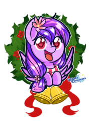 Size: 867x1174 | Tagged: safe, alternate character, alternate version, artist:xwhitedreamsx, oc, oc only, oc:moonlight blossom, pegasus, pony, bell, christmas, christmas wreath, clothes, commission, cute, female, flower, flower in hair, happy, mare, ocbetes, open mouth, scarf, solo, wreath