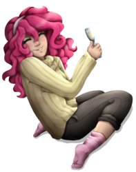 Size: 1204x1525 | Tagged: safe, artist:monnarcha, pinkie pie, human, g4, alcohol, blushing, champagne, clothes, drink, eyes closed, feet, female, freckles, glass, grin, happy, humanized, kneeling, pants, simple background, smiling, socks, solo, striped socks, sweater, transparent background, wine
