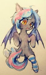 Size: 640x1044 | Tagged: safe, artist:dirtytimi, oc, oc only, bat pony, pony, clothes, socks, solo, striped socks, traditional art, watercolor painting