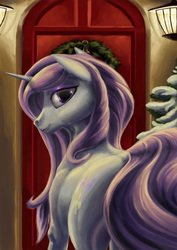 Size: 2480x3508 | Tagged: safe, artist:kirillk, fleur-de-lis, pony, g4, butt, christmas, christmas wreath, covering, door, female, hearth's warming, high res, looking at you, looking back, looking back at you, plot, purple hair, rear view, snow, solo, strategically covered, tail censor, tree, wreath