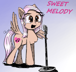 Size: 1601x1530 | Tagged: safe, artist:chopsticks, derpibooru exclusive, oc, oc only, oc:sweet melody, pegasus, pony, brown eyes, commission, female, gradient background, mare, microphone, microphone stand, open mouth, ponysona, singing, solo