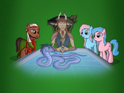 Size: 2600x1949 | Tagged: safe, artist:sirvalter, aloe, lotus blossom, oc, oc:bloodhound, oc:lamia (soulscar), saddle arabian, satyr, snake, fanfic:steyblridge chronicle, g4, hologram, illustration, silenus