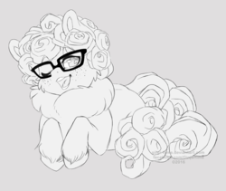 Size: 3319x2797 | Tagged: safe, artist:ginjallegra, oc, oc only, oc:gigia, earth pony, pony, curly mane, fluffy, glasses, high res, monochrome, one eye closed, simple background, sketch, solo, wink