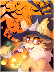Size: 1024x1368 | Tagged: safe, artist:ginjallegra, oc, oc only, oc:gigia, pony, curly mane, fluffy, halloween, halloween costume, hat, solo, vampire teeth, witch hat