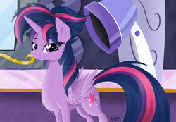 Size: 4560x3159 | Tagged: dead source, safe, artist:arkli, twilight sparkle, alicorn, pony, g4, alternate hairstyle, female, high res, looking at you, punklight sparkle, smiling, solo, spa, twilight sparkle (alicorn)