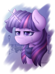 Size: 2250x3000 | Tagged: safe, artist:spirit-dude, twilight sparkle, g4, bust, clothes, crying, high res, portrait, scarf, simple background, solo focus, transparent background