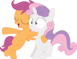 Size: 3593x2738 | Tagged: safe, artist:porygon2z, scootaloo, sweetie belle, pegasus, pony, unicorn, g4, sleepless in ponyville, belly, bipedal, duo, duo female, eyes closed, female, high res, open mouth, simple background, talking, transparent background, vector