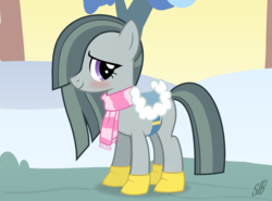Size: 2702x2004 | Tagged: safe, artist:slb94, marble pie, earth pony, pony, g4, blushing, boots, clothes, cute, female, high res, marblebetes, saddle, scarf, snow, solo, tack, winter