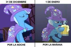 Size: 829x548 | Tagged: safe, trixie, pony, unicorn, g4, no second prances, cider, drunk, female, mare, meme, new year, solo, spanish, translated in the comments