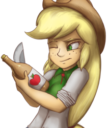 Size: 1040x1214 | Tagged: safe, artist:gabbslines, applejack, equestria girls, g4, bottle, cider, clothes, cowboy hat, female, freckles, hat, knife, meme, one eye closed, simple background, solo, transparent background