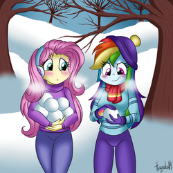 Size: 1024x1024 | Tagged: safe, artist:queentigrel, fluttershy, rainbow dash, equestria girls, g4, clothes, coat, duo, duo female, female, fluttershy's purple sweater, gloves, hat, looking down, scarf, snow, snowball, sweater, sweatershy, tree, winter, winter outfit
