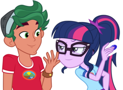 Size: 4086x3001 | Tagged: safe, artist:cloudy glow, sci-twi, timber spruce, twilight sparkle, equestria girls, g4, my little pony equestria girls: legend of everfree, beanie, camp everfree outfits, card, clothes, duo, female, glasses, hat, high res, lidded eyes, looking at each other, male, ponytail, request, shirt, simple background, smiling, smirk, transparent background, vector