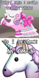 Size: 552x1083 | Tagged: safe, edit, edited screencap, screencap, sweetie belle, pony, for whom the sweetie belle toils, g4, clothes, dress, emoji, female, image macro, meme, solo, text, they told me