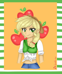 Size: 2500x3000 | Tagged: dead source, safe, artist:zeniteknight, applejack, equestria girls, g4, clothes, cowboy hat, freckles, front knot midriff, hat, high res, looking at you, midriff, signature, smiling