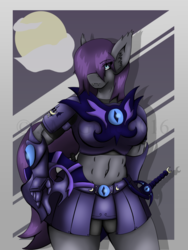Size: 589x783 | Tagged: safe, artist:jimjamdoodles, oc, oc only, oc:moon dancer, bat pony, anthro, anthro oc, armor, belly button, big breasts, breasts, female, helmet, midriff, night guard, solo, sword, unconvincing armor, weapon