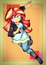 Size: 2893x4092 | Tagged: dead source, safe, artist:danmakuman, artist:isolation-girl, sunset shimmer, human, equestria girls, blushing, boots, clothes, collaboration, cute, female, high res, jacket, leather jacket, pants, running, shimmerbetes, smiling, solo