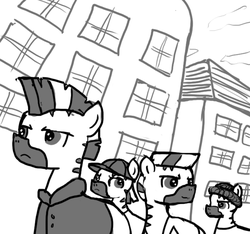Size: 640x600 | Tagged: safe, artist:ficficponyfic, oc, oc only, zebra, colt quest, building, clothes, cloud, gang, hat, male, monochrome, sky, stallion, story included, toque