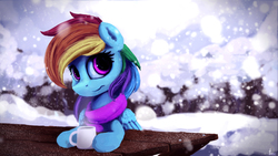 Size: 4000x2250 | Tagged: safe, artist:thefloatingtree, rainbow dash, pony, g4, chocolate, clothes, female, food, hot chocolate, scarf, snow, snowfall, solo, table, winter