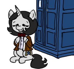 Size: 640x600 | Tagged: safe, artist:ficficponyfic, color edit, edit, oc, oc only, oc:joyride, pony, unicorn, colt quest, bowtie, color, colored, crossover, cutie mark, doctor who, female, mare, monochrome, solo, tardis