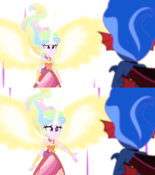 Size: 5000x5619 | Tagged: safe, artist:orin331, idw, princess celestia, princess luna, equestria girls, g4, my little pony equestria girls: friendship games, reflections, spoiler:comic, absurd resolution, alternate universe, clothes, daydream-ified, dress, evil counterpart, evil luna, midnight-ified, mirror universe, royal sisters, sleeveless, strapless, younger