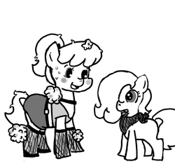 Size: 640x600 | Tagged: safe, artist:ficficponyfic, oc, oc only, oc:emerald jewel, oc:loupe, earth pony, goo, pony, colt quest, belt, blank flank, clothes, collar, colt, cute, female, fishnet stockings, foal, grin, hair over one eye, makeup, male, mare, miniskirt, monochrome, ponytail, skirt, skirt lift, smiling, socks, stockings, story included, sweat, thigh highs
