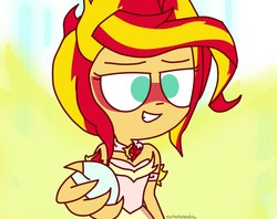 Size: 1223x968 | Tagged: safe, artist:psychodiamondstar, sunset shimmer, equestria girls, g4, my little pony equestria girls: friendship games, clothes, daydream shimmer, dress, female, glowing wings, reaching, scene interpretation, smiling, solo, take my hand