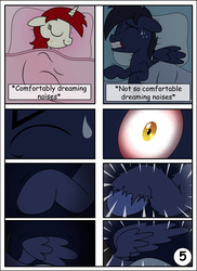 Size: 4000x5500 | Tagged: safe, artist:pananovich, oc, oc only, oc:shadowmoon, oc:silver draw, pegasus, pony, unicorn, comic:the cutie and the beast, absurd resolution, bed, comic, descriptive noise, horse noises, meme, page number, shadraw, sleeping, transformation, unshorn fetlocks