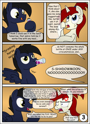 Size: 4000x5500 | Tagged: safe, artist:pananovich, oc, oc only, oc:shadowmoon, oc:silver draw, pegasus, pony, unicorn, comic:the cutie and the beast, absurd resolution, comic, descriptive noise, dialogue, drinking, engrish, horse noises, meme, shadraw