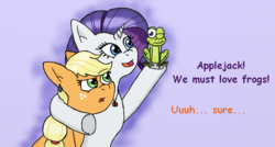 Size: 1000x534 | Tagged: safe, artist:eulicious, applejack, rarity, frog, g4, cute, female, gift art, jewelry, lesbian, necklace, one eye closed, piercing, raribetes, ship:rarijack, shipping, simple background, text