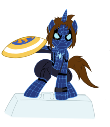 Size: 2382x2736 | Tagged: safe, artist:edcom02, artist:jmkplover, princess luna, pony, unicorn, spiders and magic: rise of spider-mane, g4, fanfic, fanfic art, female, high res, male, marvel, marvel comics, peter parker, ponified, shield, solo, spider-knight, spider-man