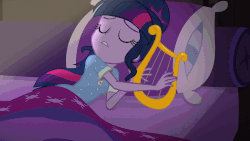 Size: 1000x563 | Tagged: safe, edit, edited screencap, screencap, sci-twi, twilight sparkle, equestria girls, g4, my little pony equestria girls: legend of everfree, animated, bed, female, gif, harp, musical instrument, solo