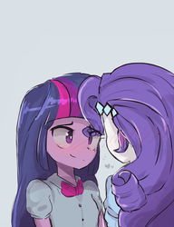 Size: 1222x1594 | Tagged: safe, artist:jankrys00, rarity, twilight sparkle, equestria girls, g4, blushing, duo, female, lesbian, looking at each other, ship:rarilight, shipping
