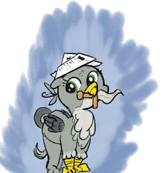 Size: 373x390 | Tagged: safe, artist:davierocket, gabby, griffon, g4, color, cute, female, gabbybetes, hat, mouth hold, newspaper, paper hat, solo, weapon, weapons-grade cute, wings