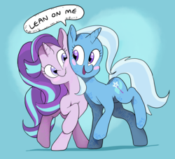 Size: 3300x3000 | Tagged: safe, artist:docwario, starlight glimmer, trixie, pony, unicorn, g4, blush sticker, blushing, cute, dialogue, diatrixes, female, glimmerbetes, heart, high res, leaning, lesbian, looking at each other, mare, ship:startrix, shipping, smiling, song in the comments