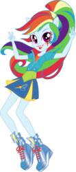 Size: 6529x14735 | Tagged: safe, artist:sugar-loop, rainbow dash, equestria girls, g4, .ai available, .svg available, absurd resolution, alternate hairstyle, backcard, box, clothes, doll, dress, eyeshadow, female, jacket, lipstick, looking at you, makeup, open mouth, peace sign, ponied up, pony ears, school spirit, shirt, shoes, simple background, skirt, smiling, solo, toy, transparent background, vector, wondercolts