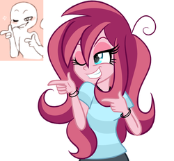 Size: 1024x951 | Tagged: dead source, safe, artist:wubcakeva, oc, oc only, oc:contralto, equestria girls, g4, blue eyes, bracelet, clothes, disguised siren, equestria girls-ified, expressions, finger gun, finger guns, grin, jewelry, lidded eyes, one eye closed, shirt, simple background, smiling, solo, white background, wink