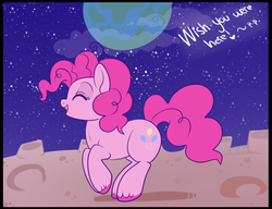 Size: 700x538 | Tagged: safe, artist:lulubell, pinkie pie, earth pony, pony, g4, female, here on the moon, moon, pink side of the moon, planet, postcard, smiling, solo, space, unshorn fetlocks, wish you were here