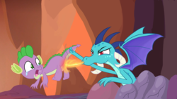 Size: 1280x720 | Tagged: safe, artist:rusticanon, princess ember, spike, dragon, g4, abuse, burned, burned butt, burning, cave, crying, female, fire, fire breath, male, punishment, roast, ship:emberspike, shipping, spikeabuse, straight