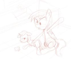 Size: 913x763 | Tagged: safe, artist:rusticanon, derpy hooves, dinky hooves, pegasus, pony, unicorn, g4, butt, female, filly, food, kitchen, mare, monochrome, muffin, plot, sketch, spanking