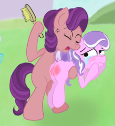 Size: 290x317 | Tagged: safe, artist:rusticanon, diamond tiara, spoiled rich, earth pony, pony, g4, abuse, butt, crying, hairbrush, holding a pony, mother and daughter, plot, punishment, reddened butt, spanking, tiarabuse