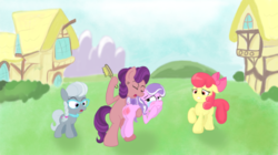 Size: 540x302 | Tagged: safe, artist:rusticanon, apple bloom, diamond tiara, silver spoon, spoiled rich, earth pony, pony, g4, abuse, butt, crying, female, filly, foal, hairbrush, holding a pony, house, mare, mother and daughter, plot, ponyville, punishment, reddened butt, spanking, tiarabuse