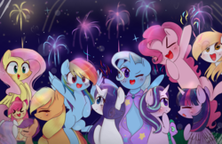 Size: 2568x1660 | Tagged: safe, artist:windymils, apple bloom, applejack, derpy hooves, fluttershy, pinkie pie, rainbow dash, rarity, scootaloo, spike, starlight glimmer, sweetie belle, trixie, twilight sparkle, alicorn, pony, g4, 2017, blushing, cute, cutie mark crusaders, eyes closed, fireworks, happy new year, happy new year 2017, mane seven, mane six, night, one eye closed, open mouth, smiling, spread wings, stars, trixie's cape, twilight sparkle (alicorn)