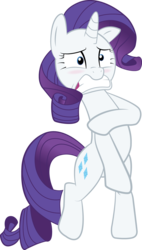Size: 886x1564 | Tagged: safe, artist:hoodie-stalker, rarity, pony, unicorn, g4, make new friends but keep discord, bipedal, blushing, covering, covering crotch, embarrassed, female, naked rarity, simple background, solo, transparent background, vector, we don't normally wear clothes