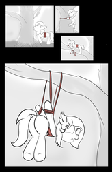 Size: 1148x1752 | Tagged: safe, artist:rusticanon, oc, oc only, oc:dizzy cream, bat pony, pony, accident, butt, climbing, comic, monochrome, plot, silly, silly pony, solo, stuck, tail aside, tied down, tree