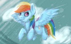 Size: 1024x640 | Tagged: safe, artist:madcloudlet, rainbow dash, pony, g4, female, flying, solo, watermark, wings