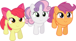 Size: 9450x5110 | Tagged: safe, artist:tomfraggle, apple bloom, scootaloo, sweetie belle, earth pony, pegasus, pony, unicorn, g4, the fault in our cutie marks, absurd resolution, adorabloom, apple bloom's bow, bow, cute, cutealoo, cutie mark crusaders, diasweetes, female, filly, foal, folded wings, hair bow, looking at you, looking up, looking up at you, simple background, smiling, transparent background, vector, wings
