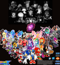 Size: 1800x1946 | Tagged: safe, artist:trungtranhaitrung, applejack, rainbow dash, sunset shimmer, twilight sparkle, oc, oc:o.w.n medic, alicorn, pony, g4, crossover, d.va, male, o.w.n, overwatch, scout, sonic chronicles x, sonic the hedgehog, sonic the hedgehog (series), spy, twilight sparkle (alicorn), whisker markings